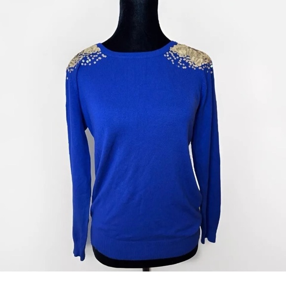 THML Sweater Blue Knit M Gold Sequin Shoulder Stretch Preppy Dressy Party Office - Picture 1 of 7
